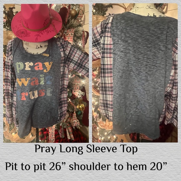 Upcycled, Boho Style, Pray, Wait, Trust Long Sleeve Women’s Shirt - Picture 1 of 1